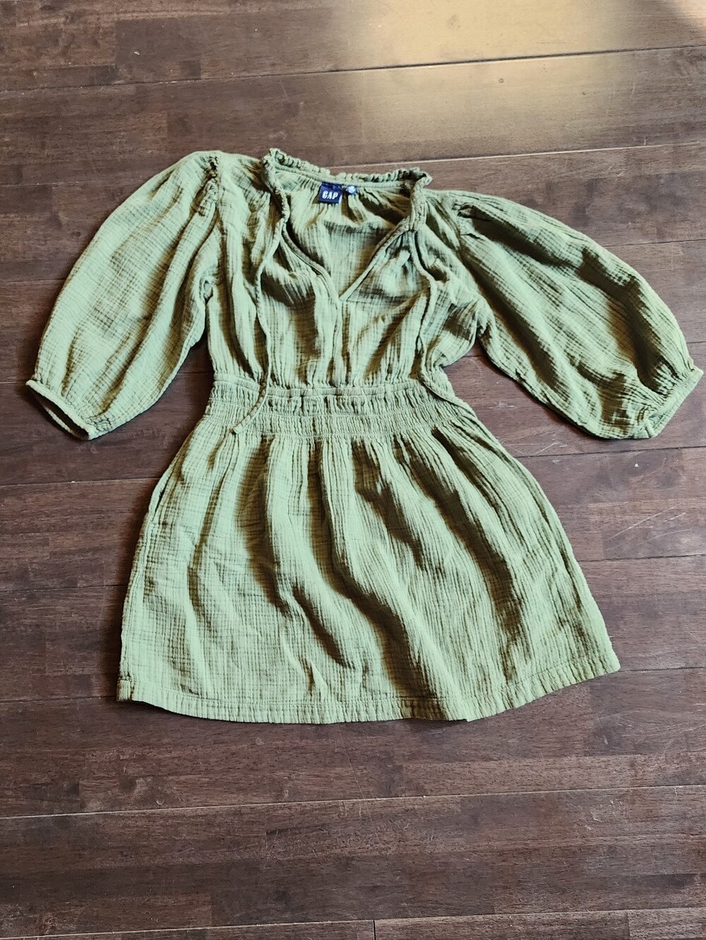 GAP Olive Green Smocked Waist Puff Sleeve Dress